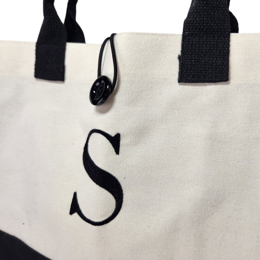 Canvas Monogram “S” Tote Bag Black Cream Cotton Large Shopper Shoulder Bag NWOT - Picture 4 of 12